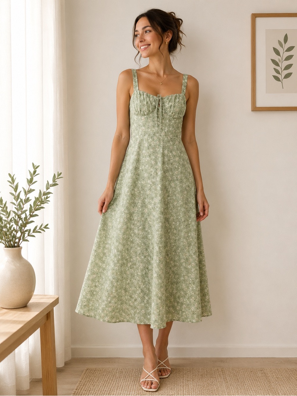 SHEIN MOD Sage Green Floral Ankle-Length Dress Size Small NWT